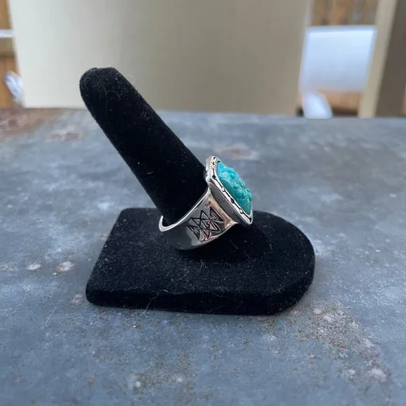 Carolyn Pollack Rectangle Carved Turquoise Sterling Ring w/ flower design Size 8 - Picture 4 of 4